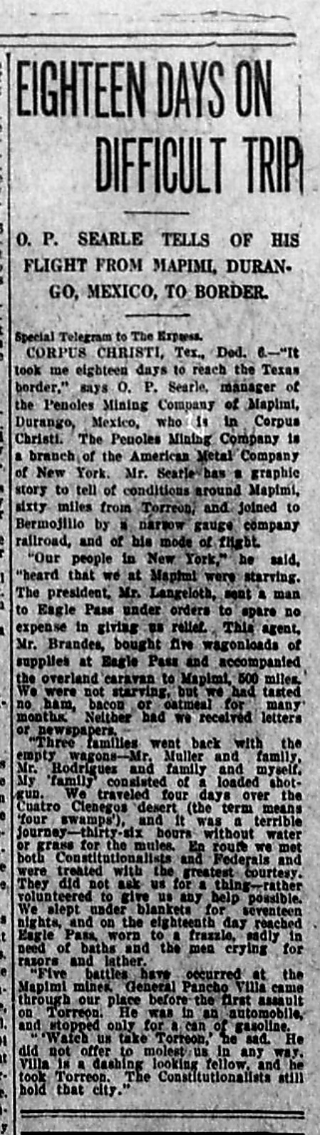 Orrin Pomeroy Searle Meets Pancho Villa - Mexican Revolution - Manager Ojuela Mine at Mapimi